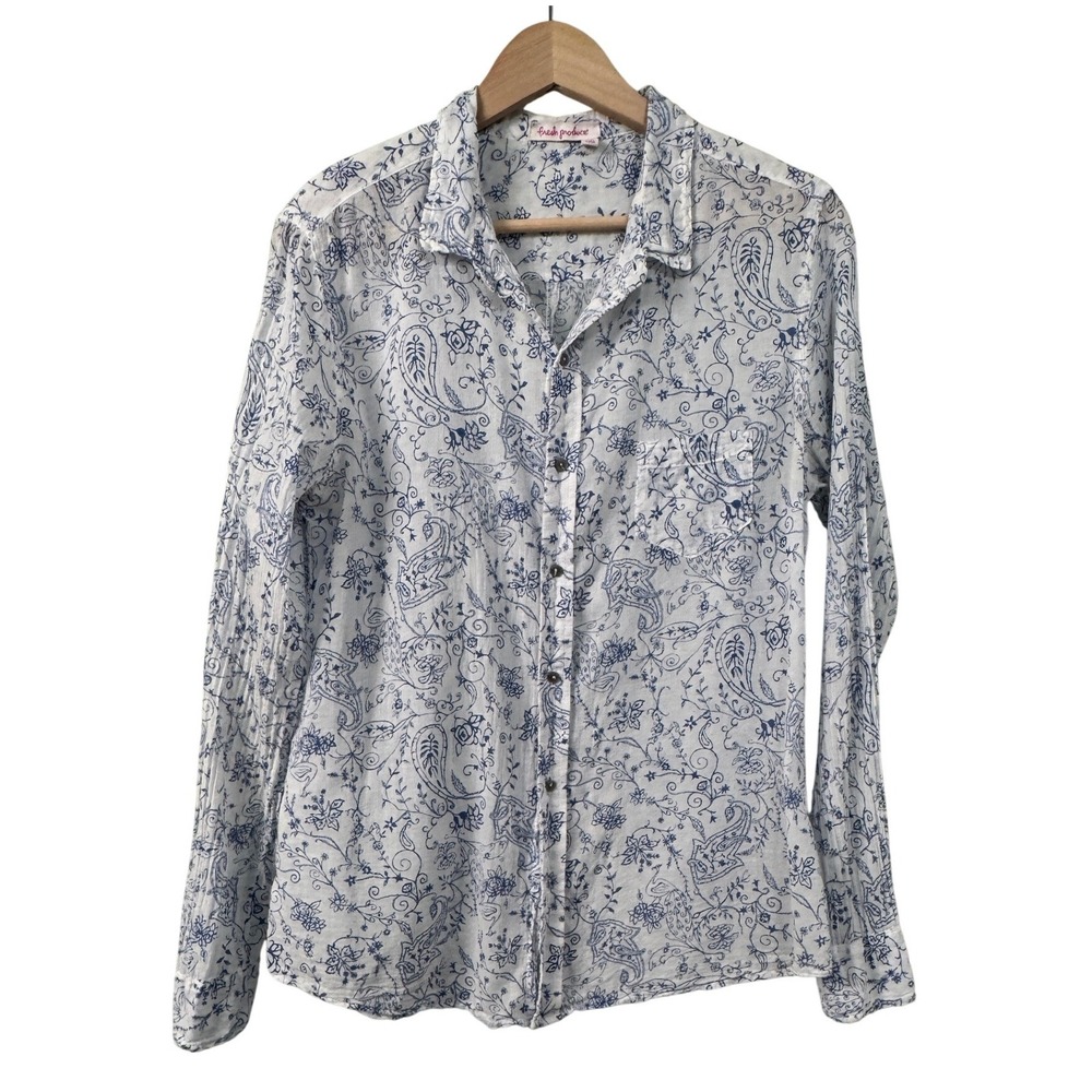 Fresh Produce Blue White Paisley Floral Cotton Gauze Button Down Shirt M *Flaw*